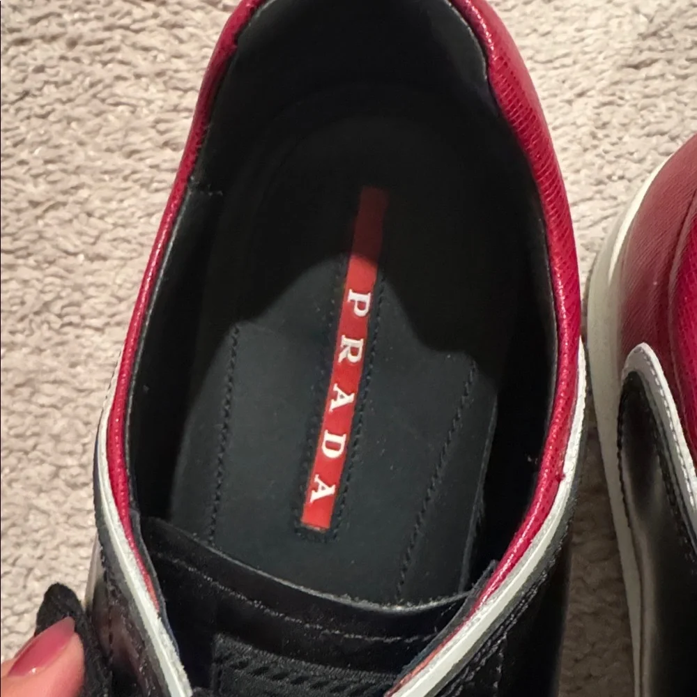 Prada Black Sneakers with Red and White Trim